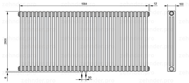 Схема (чертеж) Радиатор Zehnder Charleston 3280/34 №3470 Белый глянцевый RAL 9016